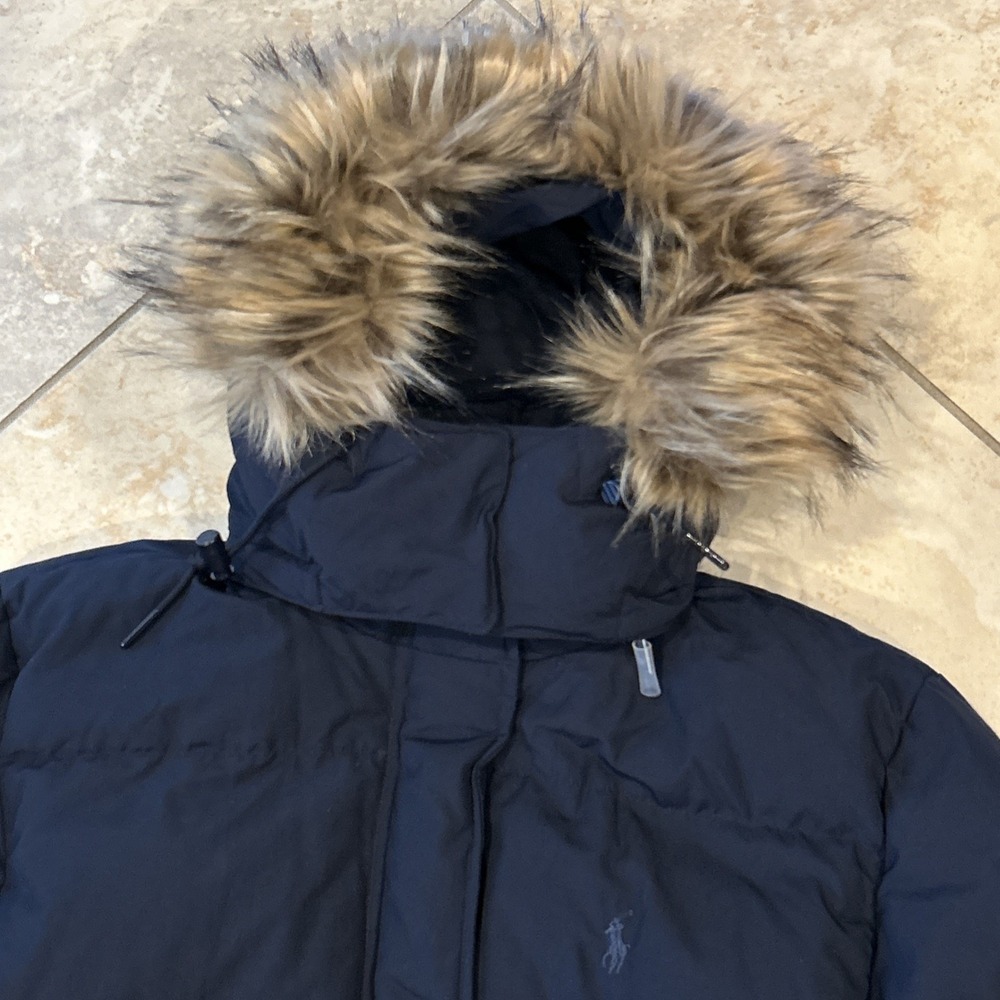 Polo by Ralph Lauren Water-Repellent Hooded Down Anorak Coat W XS Blue Faux-Fur